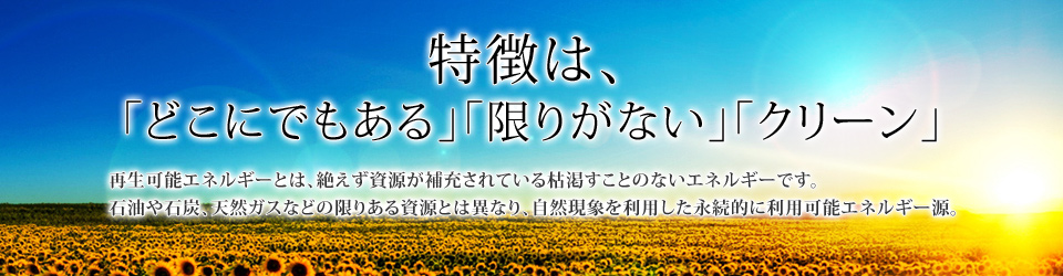 特徴は、「どこにでもある」「限りがない」「クリーン」再生可能エネルギーとは、絶えず資源が補充されている枯渇すことのないエネルギーです。石油や石炭、天然ガスなどの限りある資源とは異なり、自然現象を利用した永続的に利用可能エネルギー源。